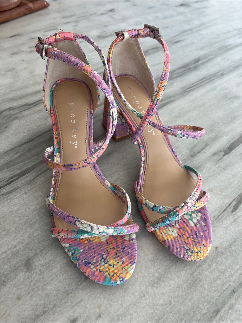 Copper Key Multicolor Floral Strappy Block Heels - Purple/Pink NWOT